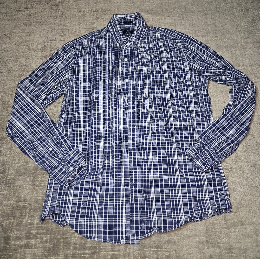 J Crew Navy Blue & White Plaid Slim-fit Button Up Medium Shirt